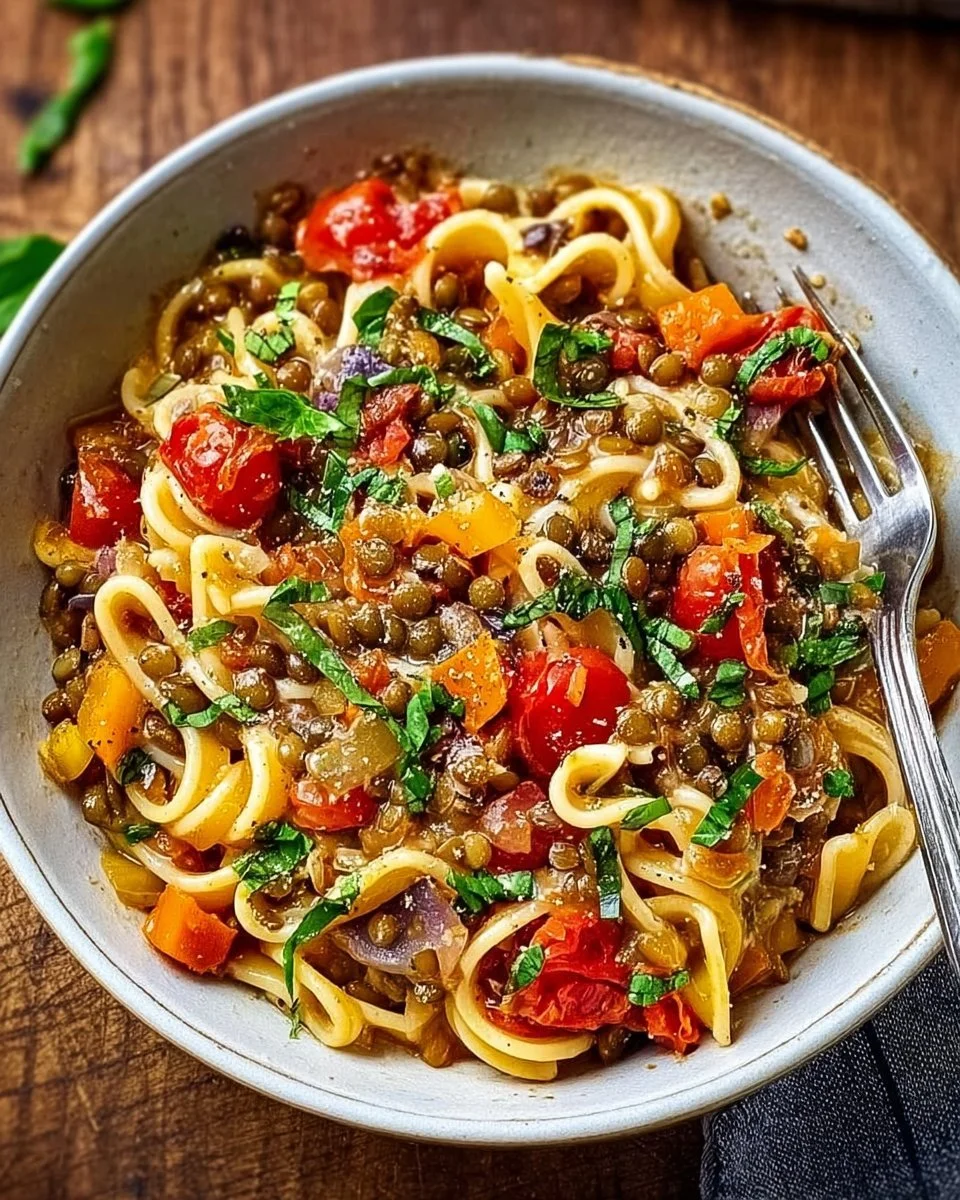 One-Pot-Pasta mit Linsen, gesundes Rezept in einem Topf zubereitet