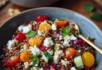 Orientalischer Rote Linsensalat mit Feta auf einem schönen Teller