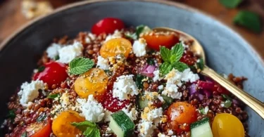 Orientalischer Rote Linsensalat mit Feta auf einem schönen Teller