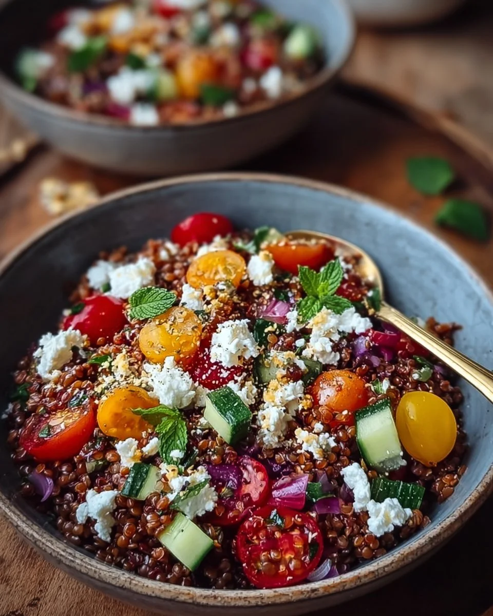 Orientalischer Rote Linsensalat mit Feta auf einem schönen Teller