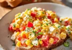 Paprika-Mais-Salat mit Feta und Joghurt auf einem Teller angerichtet