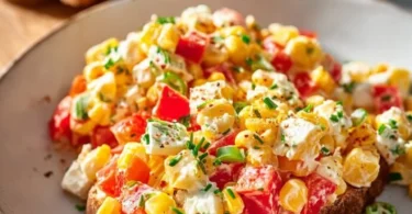 Paprika-Mais-Salat mit Feta und Joghurt auf einem Teller angerichtet