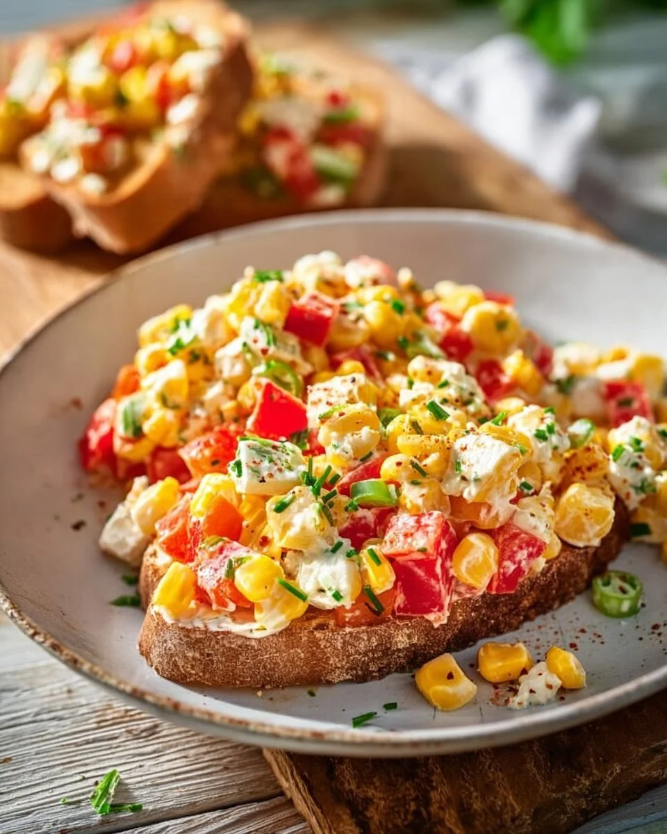 Paprika-Mais-Salat mit Feta und Joghurt auf einem Teller angerichtet