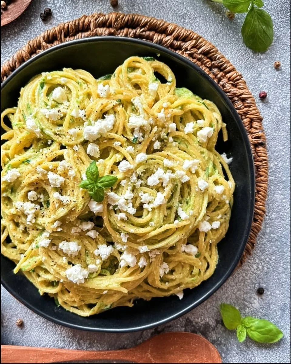 Pasta in Zucchini-Sauce serviert auf einem Teller mit frischen Kräutern