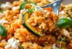 Reispfanne mit Zucchini und Feta auf einem Teller serviert