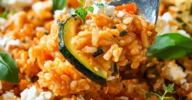 Reispfanne mit Zucchini und Feta auf einem Teller serviert