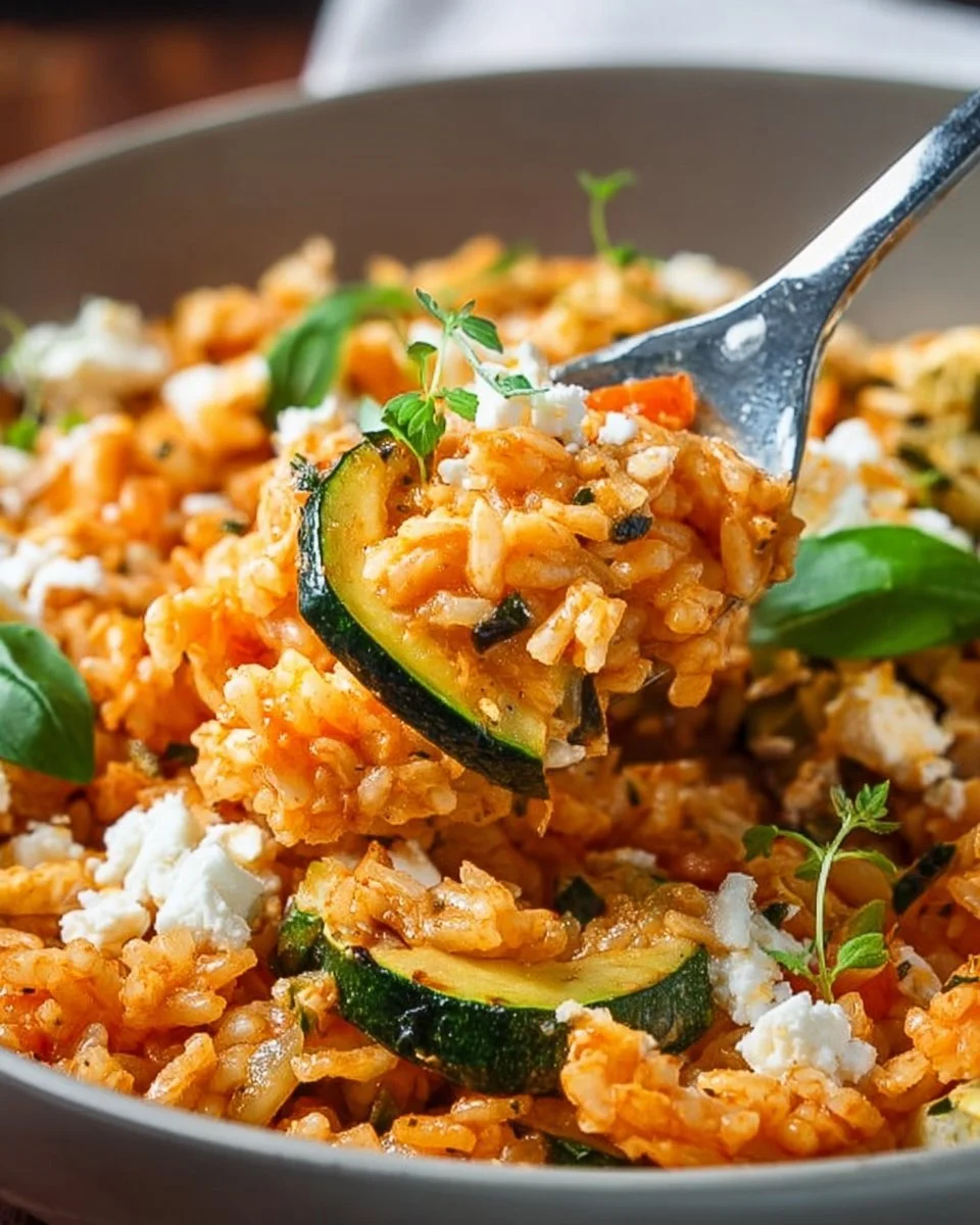 Reispfanne mit Zucchini und Feta auf einem Teller serviert