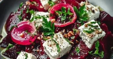 Rote Bete Salat mit Feta-Käse in einer Schüssel angerichtet