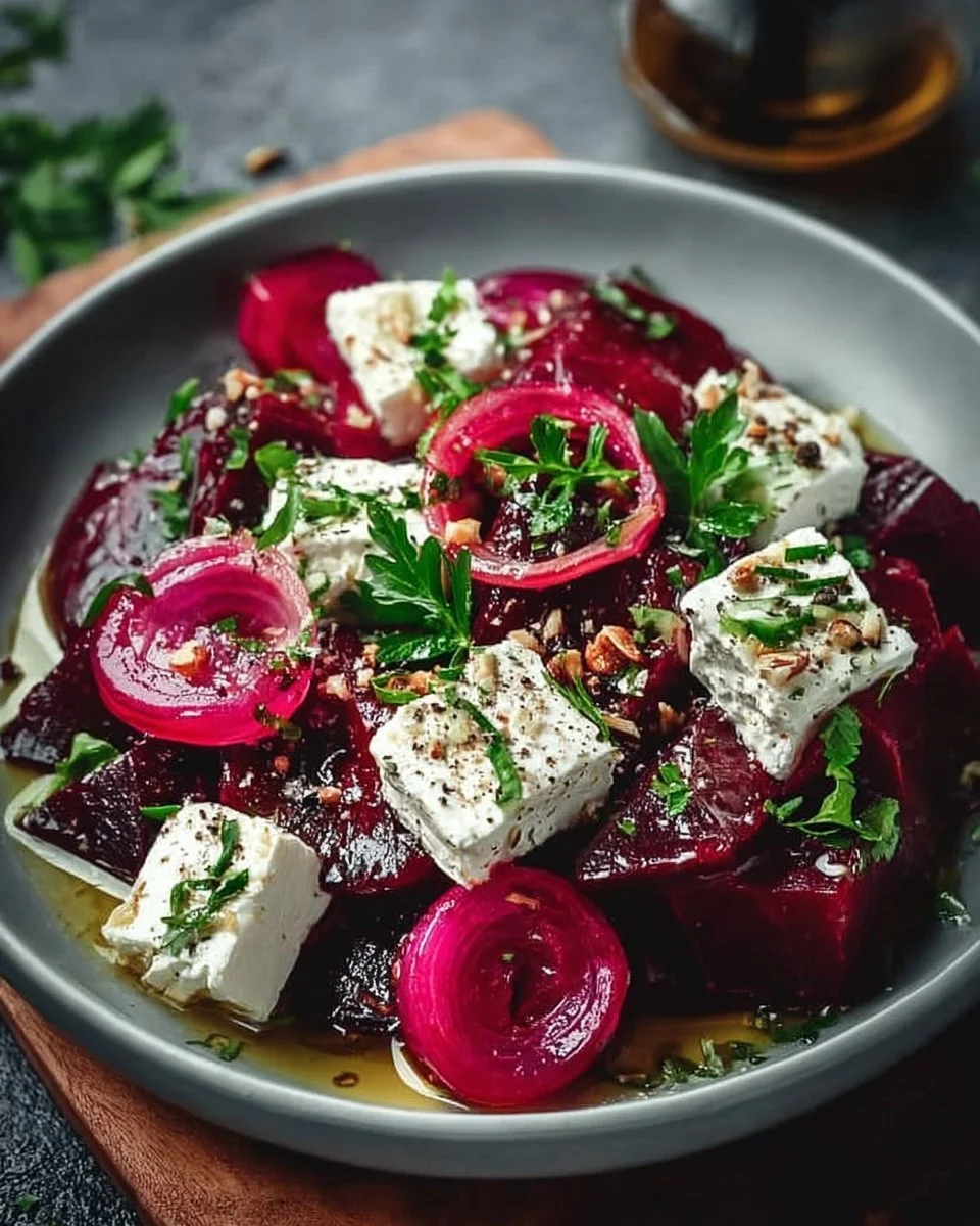 Rote Bete Salat mit Feta-Käse in einer Schüssel angerichtet