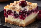 Saftiger Käsekuchen mit Kirschen und Streuseln auf einem Teller