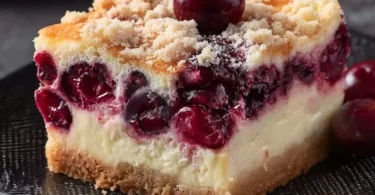 Saftiger Käsekuchen mit Kirschen und Streuseln auf einem Teller