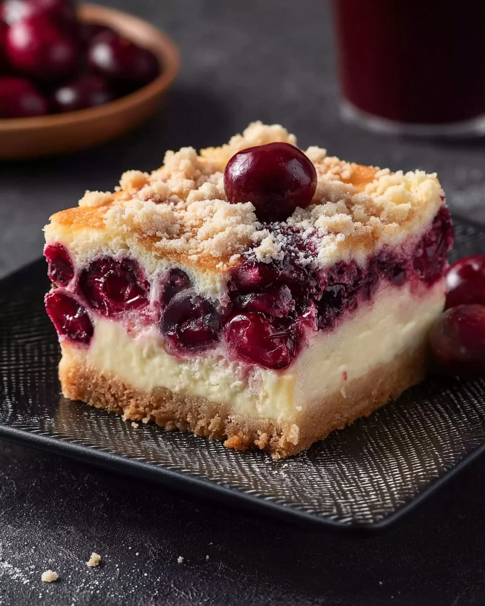 Saftiger Käsekuchen mit Kirschen und Streuseln auf einem Teller