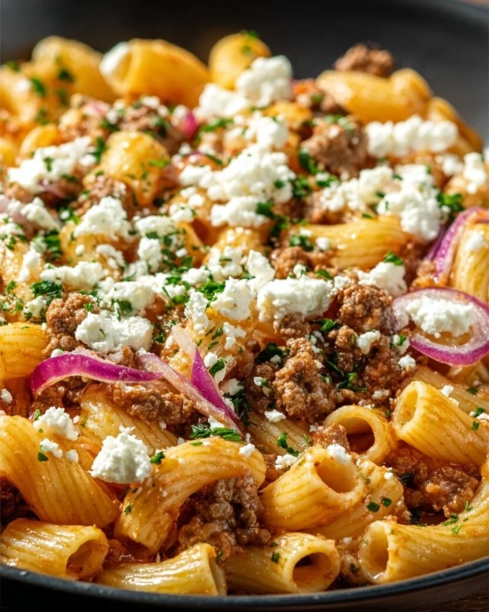 Nudel-Hackfleisch-Pfanne mit Feta als schnelles Gericht