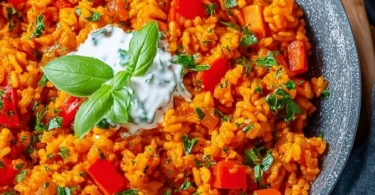 Schnelle Paprika-Reis-Pfanne mit Joghurtsoße auf einem Teller serviert