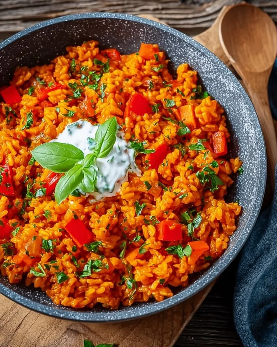 Schnelle Paprika-Reis-Pfanne mit Joghurtsoße auf einem Teller serviert