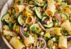 Sommerlicher Nudelsalat mit Zucchini in einer bunten Schüssel