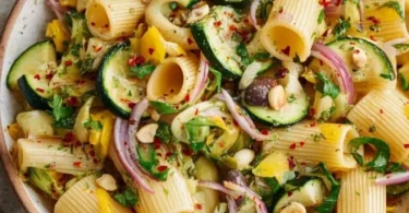 Sommerlicher Nudelsalat mit Zucchini in einer bunten Schüssel
