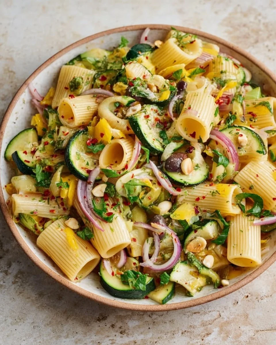 Sommerlicher Nudelsalat mit Zucchini in einer bunten Schüssel