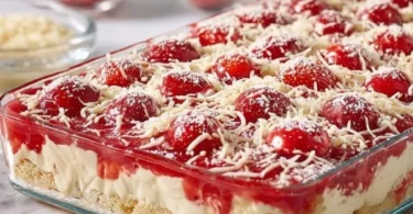 Spaghettieis-Blechkuchen mit Sahne und Schokoladensauce auf einem Blech serviert.