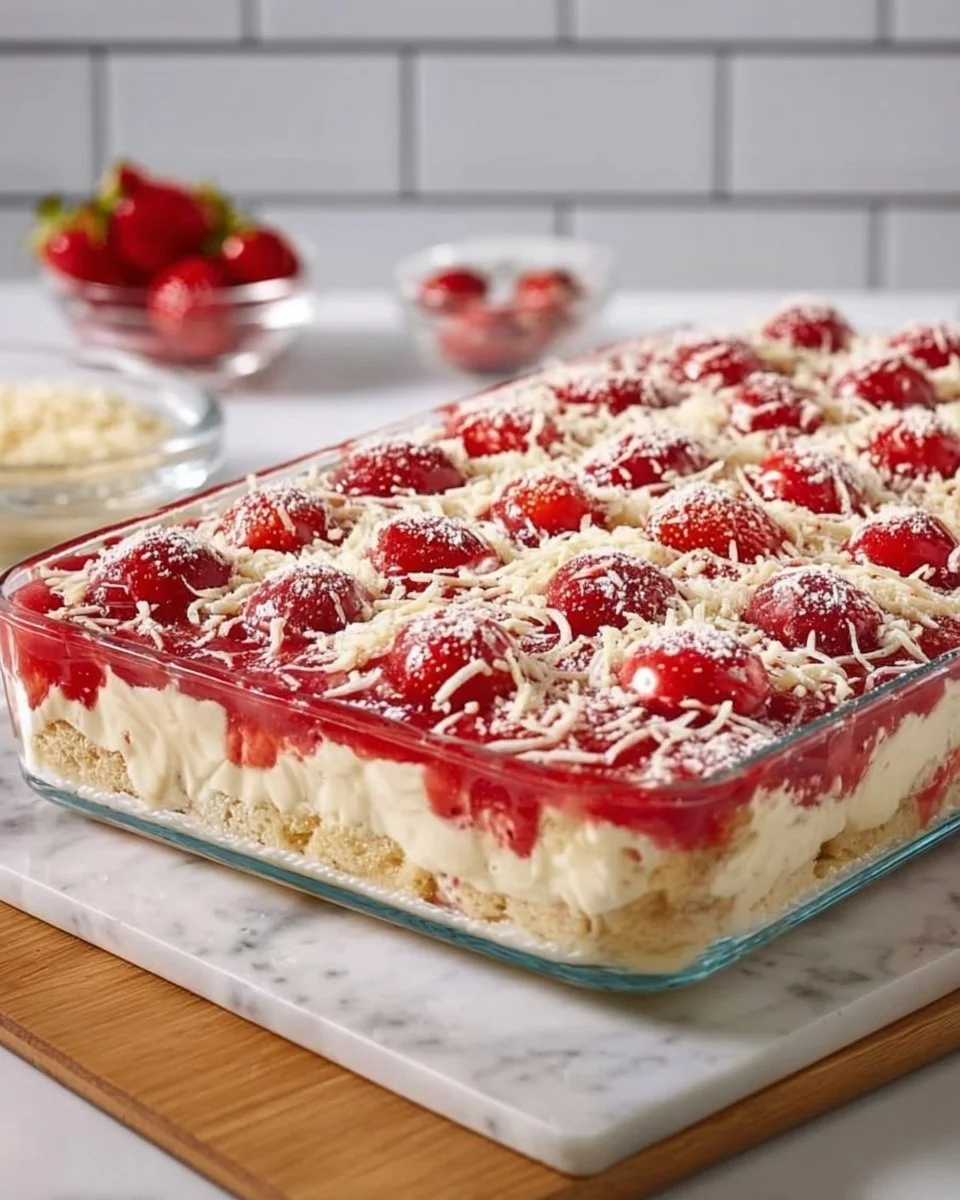 Spaghettieis-Blechkuchen mit Sahne und Schokoladensauce auf einem Blech serviert.