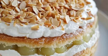 Stachelbeer-Baiser-Torte lecker dekoriert auf einem Tisch