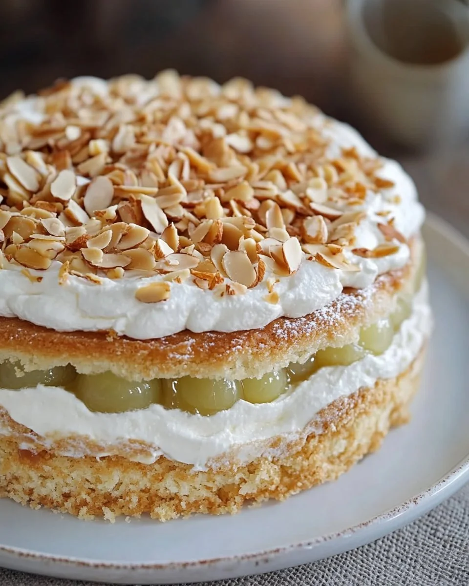 Stachelbeer-Baiser-Torte lecker dekoriert auf einem Tisch