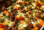 Süßkartoffel-Minzauflauf mit Feta auf einem Teller serviert