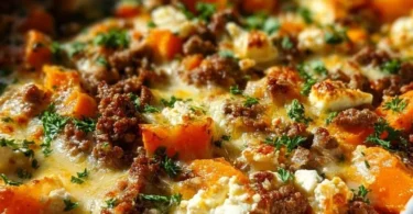 Süßkartoffel-Minzauflauf mit Feta auf einem Teller serviert