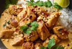 Delikates Thai-Erdnuss-Hühnchen mit Erdnuss-Sauce und frischem Gemüse.