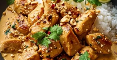 Delikates Thai-Erdnuss-Hühnchen mit Erdnuss-Sauce und frischem Gemüse.