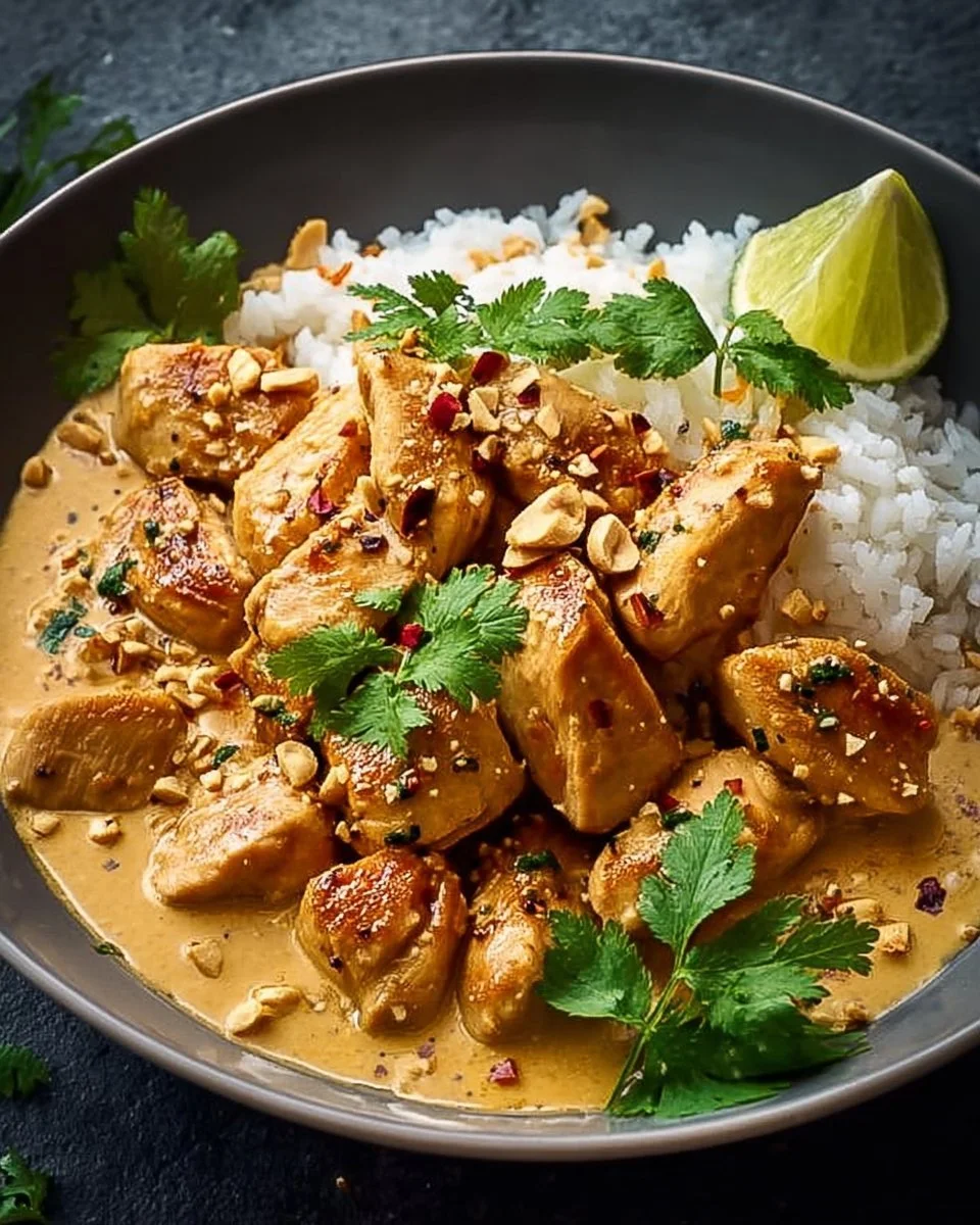 Delikates Thai-Erdnuss-Hühnchen mit Erdnuss-Sauce und frischem Gemüse.