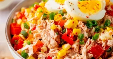 Thunfisch-Salat mit Eiern, Mais und Paprika auf einem Teller serviert.