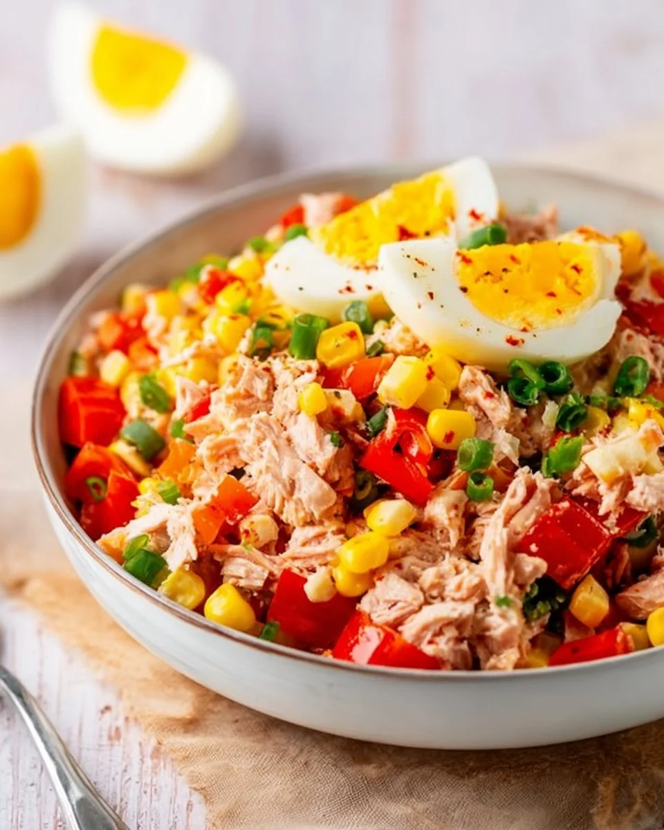 Thunfisch-Salat mit Eiern, Mais und Paprika auf einem Teller serviert.