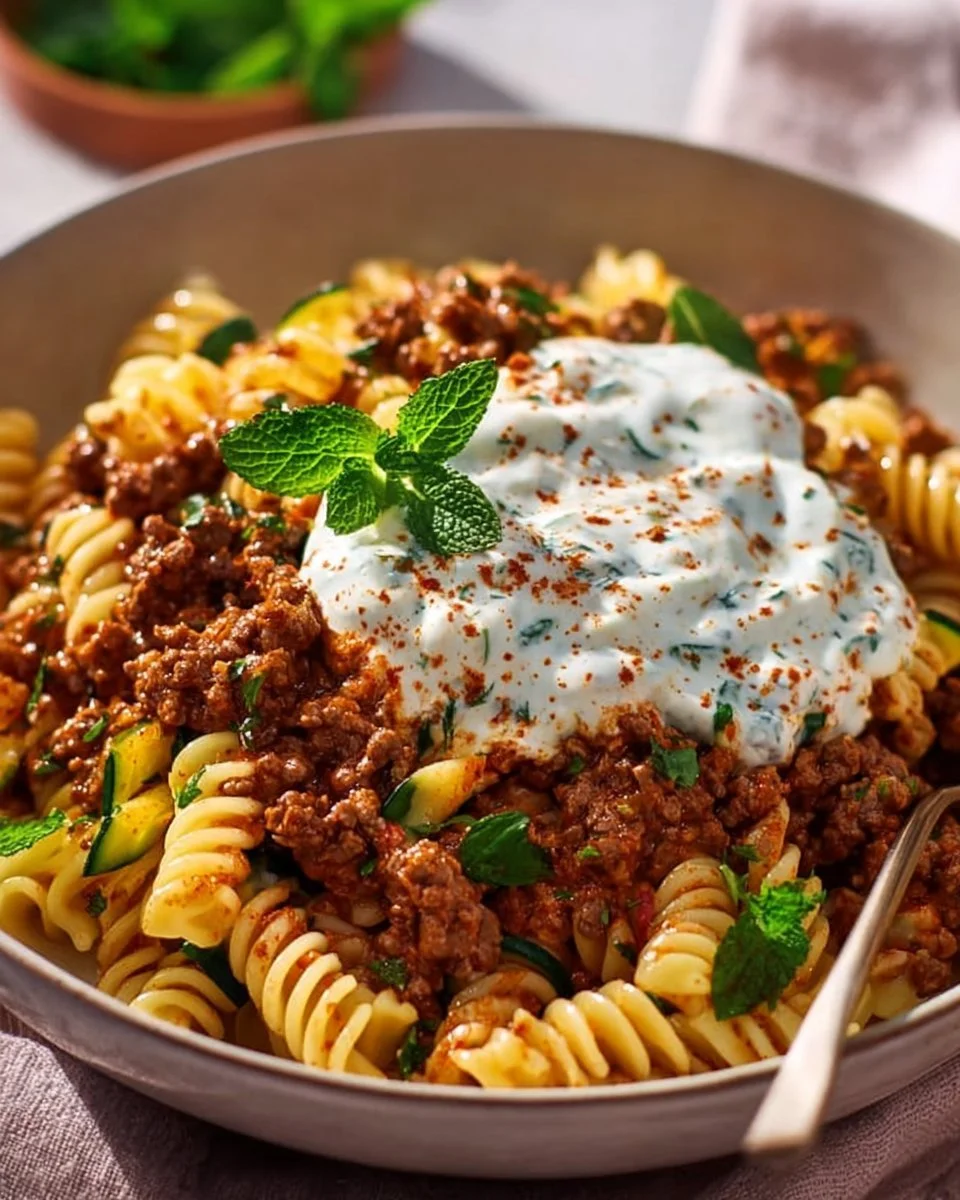 Türkische Pasta mit Hackfleisch und Joghurtsoße auf einem Teller serviert