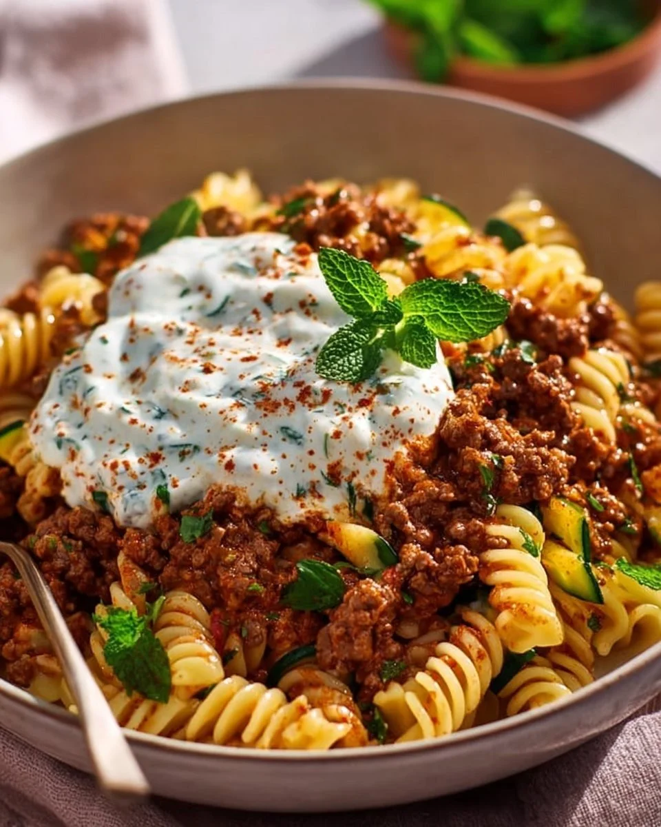Türkische Pasta mit Hackfleisch und Joghurtsoße