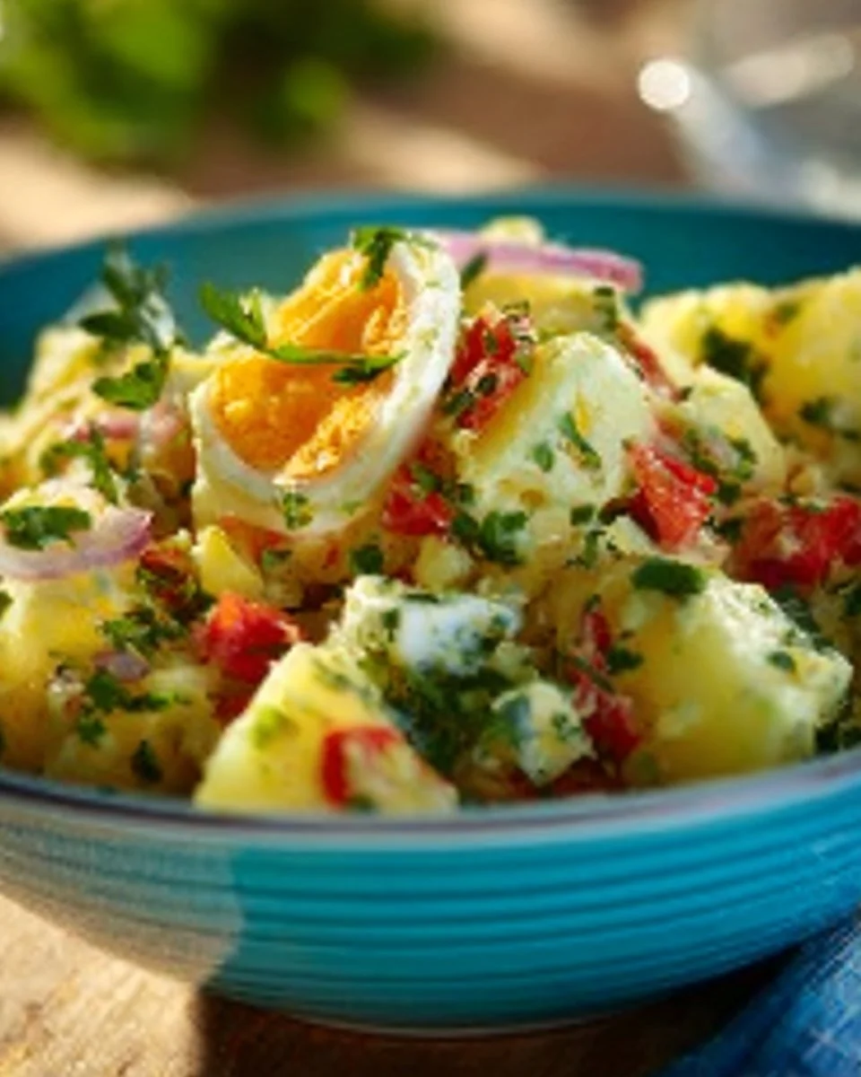 Türkischer Kartoffelsalat mit frischen Zutaten und Aromen.