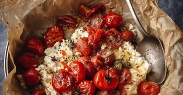 Überbackener Feta im Airfryer mit frischen Tomaten und Zwiebeln