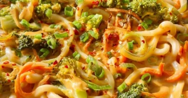 Udon Nudeln mit Erdnusssauce und Gemüse in einer Schüssel serviert