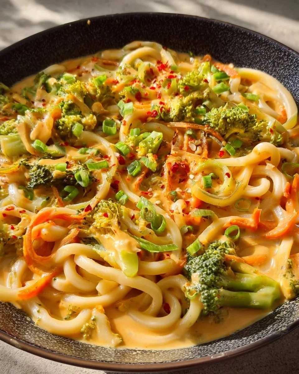 Udon Nudeln mit Erdnusssauce und Gemüse in einer Schüssel serviert