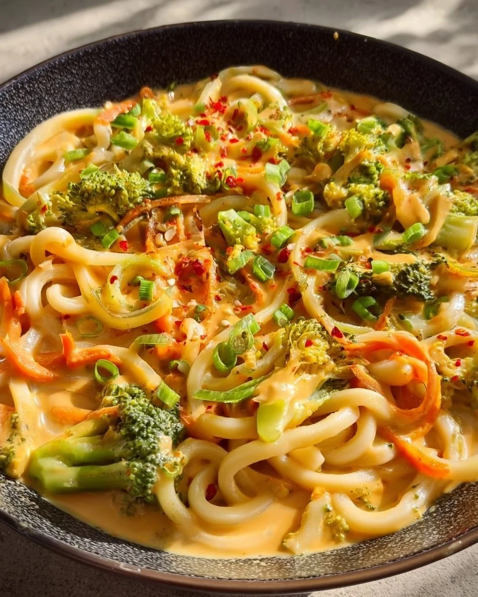 Udon Nudeln mit Erdnusssauce und Gemüse