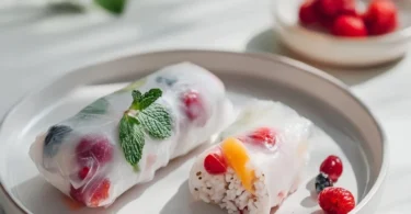 Vegane Sommerrollen mit Kokosreis auf einem Teller, frisch serviert.