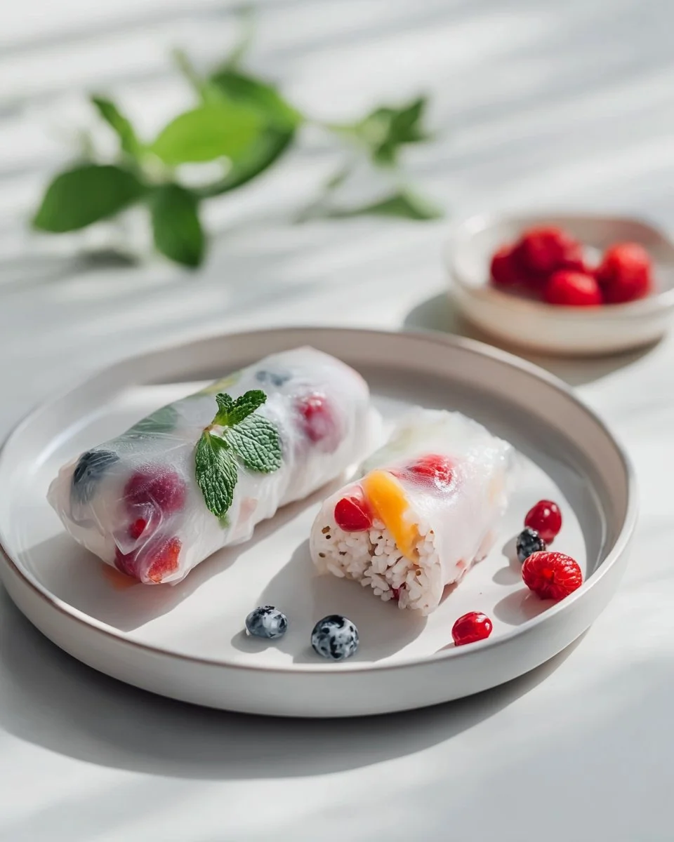 Vegane Sommerrollen mit Kokosreis auf einem Teller, frisch serviert.