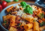Leckerer vegetarischer Pasta Bake mit buntem Gemüse und Käse überbacken.