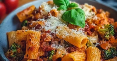 Leckerer vegetarischer Pasta Bake mit buntem Gemüse und Käse überbacken.