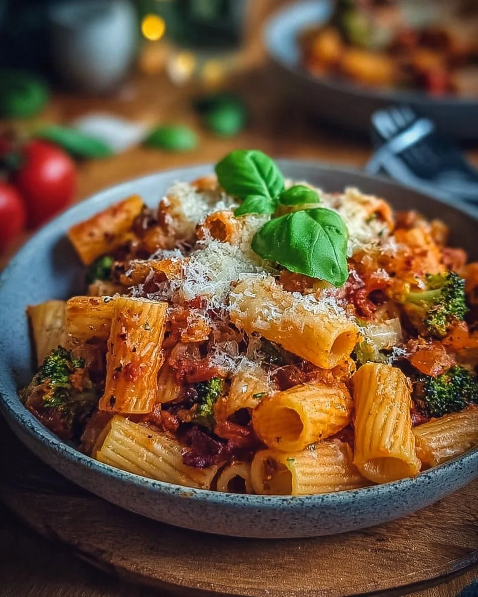 Leckerer vegetarischer Pasta Bake mit buntem Gemüse und Käse überbacken.