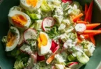 Vegetarischer Frühlingssalat mit frischen Zutaten und bunten Gemüsesorten.