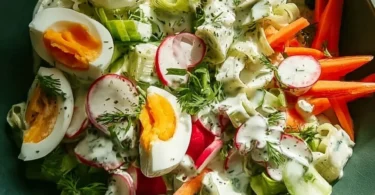 Vegetarischer Frühlingssalat mit frischen Zutaten und bunten Gemüsesorten.