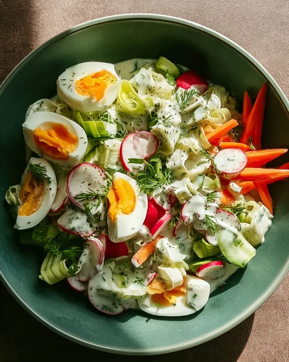 Vegetarischer Frühlingssalat mit frischen Zutaten und bunten Gemüsesorten.