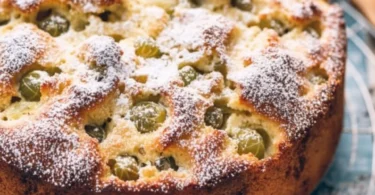 Versunkener Stachelbeerkuchen mit frischen Stachelbeeren und saftigem Teig