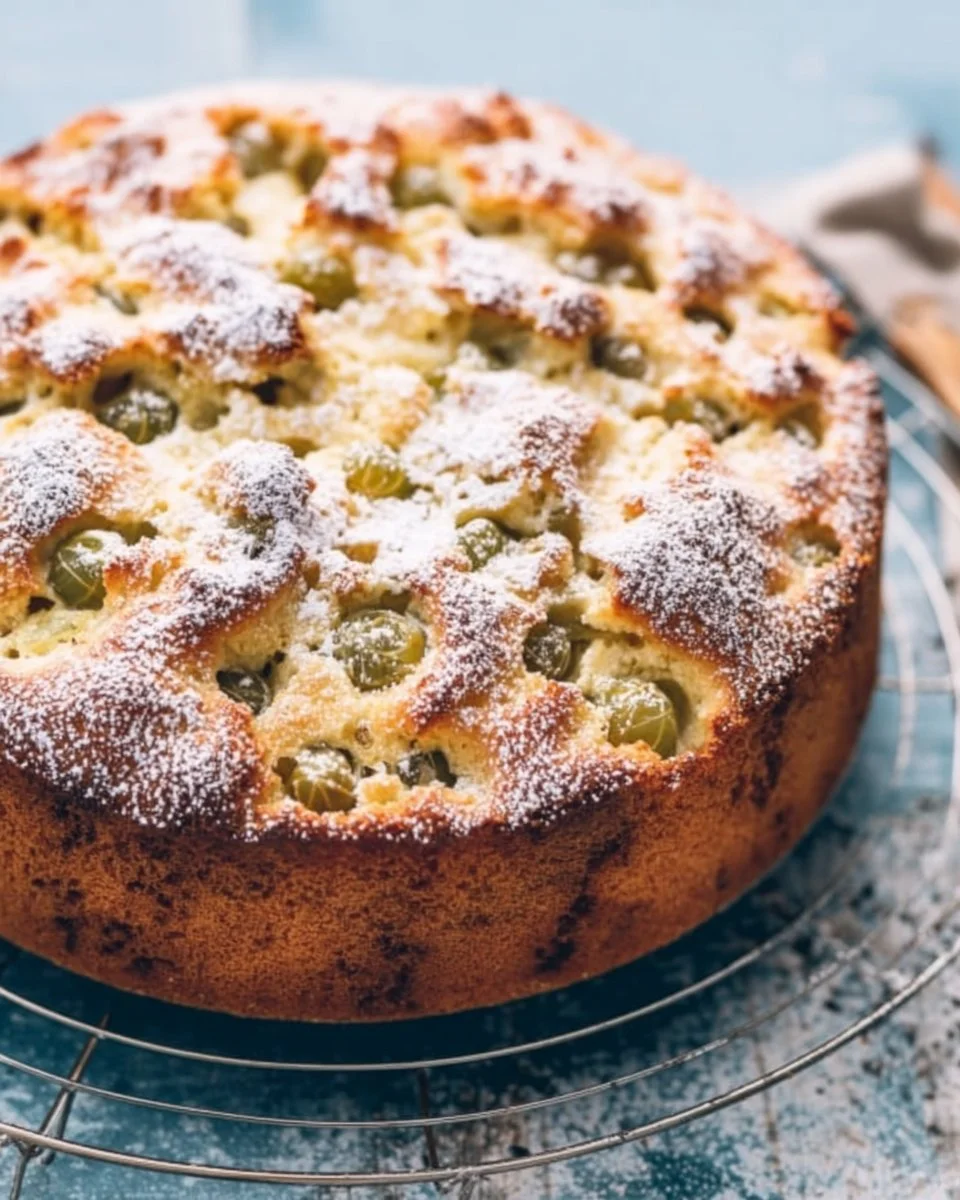 Versunkener Stachelbeerkuchen mit frischen Stachelbeeren und saftigem Teig